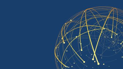 A stylized digital globe composed of interconnected golden lines and nodes over a deep blue background, suggesting global connectivity and data networks.